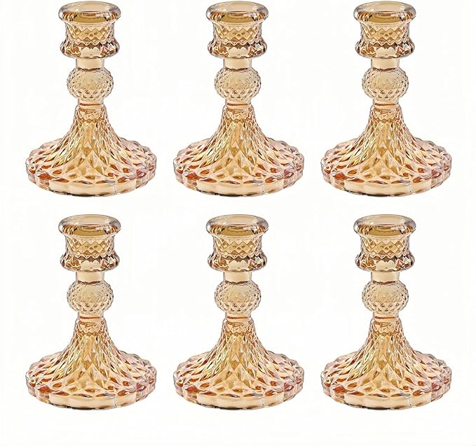 Glass Candlestick Holder,Striped Taper Candle Holders,Set of 6 Candle Stand for Table Centerpieces, Home Decor,Weddings,Festival and Parties (Amber Dimond Pattern)