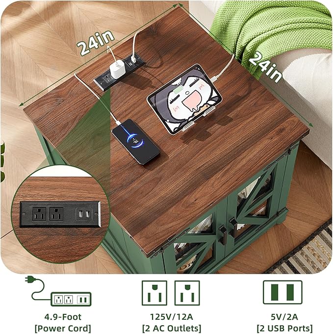 Farmhouse End Table with Charging Station, 24" Large Sofa Side Table with Glass Barn Door, Green Nightstand with Adjustable Storage Shelf, Wood Square Bedside Table for Living Room, Bedroom