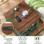 Farmhouse End Table with Charging Station Set 2, 24" Large Sofa Side Table with Glass Barn Door, Nightstand with Adjustable Storage Shelf, Wood Square Bedside Table for Living Room, Bedroom