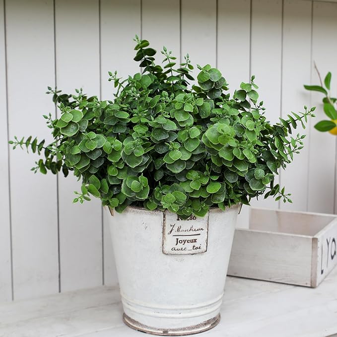 Artificial Fall Eucalyptus Plant – 8PCS Outdoor Fake Greenery, UV Resistant Fake Plants for Porch, Patio, Thanksgiving or Autumn Home Decor - Green Leaves