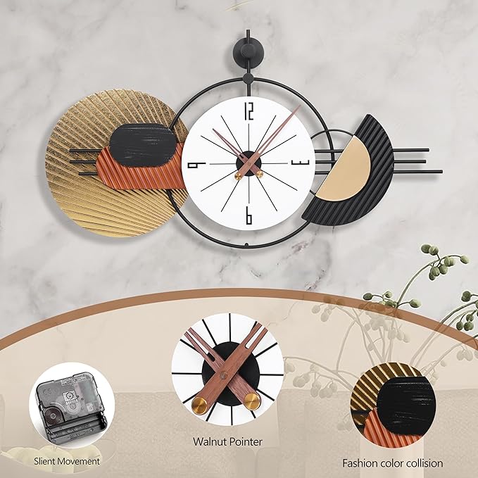 34x19 Inch Large Wall Clock Battery Operated Silent Non-Ticking, Modern Decorative Clocks for Home, Living Room, Kitchen, Bedroom, Office - Unique Abstract Design Timepiece