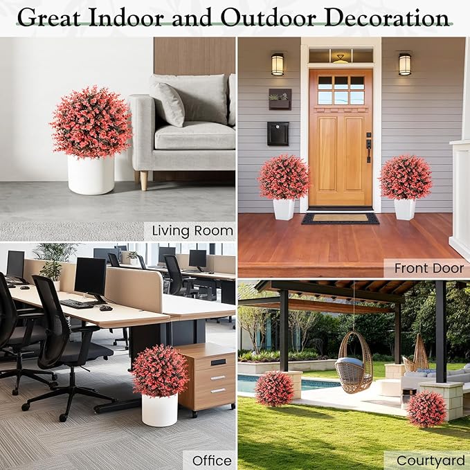 Lewondr Artificial Boxwood Topiary Ball Trees, 22.83'' Fake Plants Outdoor with Ground Spike, Set of 2 UV and Fade Resistant Faux Greenery Shrubs for Outdoor Indoor Front Porch Garden, Red