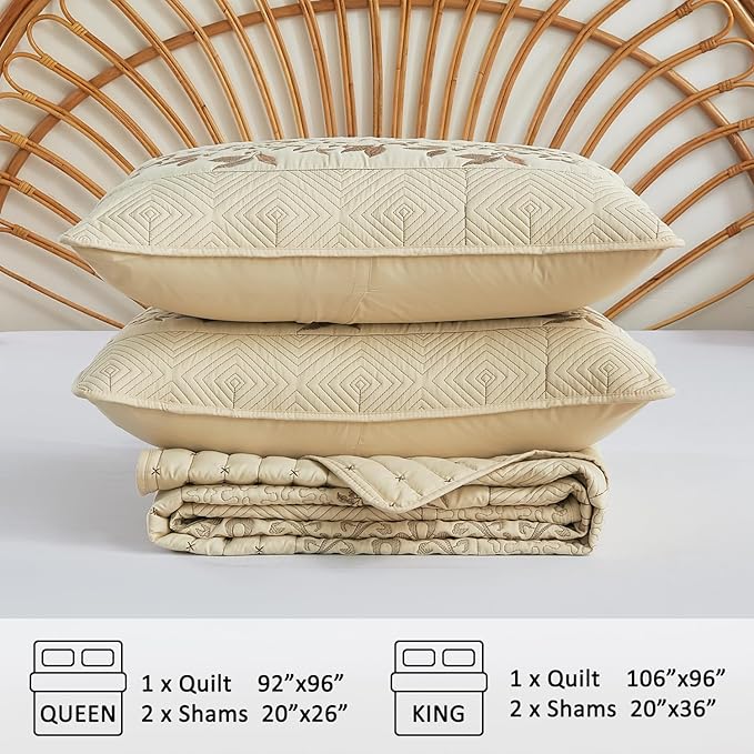 EVENHUG Floral Embroidered Quilt Set Queen Size 3 Piece Bedding Set Reversible Farmhouse Bedspread Coverlet with 2 Pillow Shams Lightweight Soft Bed Cover for All Season(92"X 96",Beige)