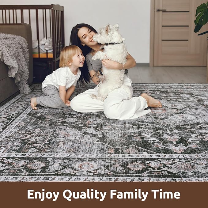 AMOAMI-Area Rug 5X7 Rugs for Living Room-Vintage Soft Black Rugs for Bedroom-Non Slip Carpet-Machine Washable Rug for Dining Room Living Room Bedroom Office Under Table Dark Grey & Black