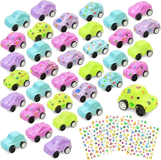 Vileafy 35 Toy Cars with Stickers, Pinata Stuffers and Prize Box Toys for Kids Classroom, Bulk Mini Cars for Kids Party Favors, Goodie Bag Stuffers, Treasure Chest, and Birthday Gifts
