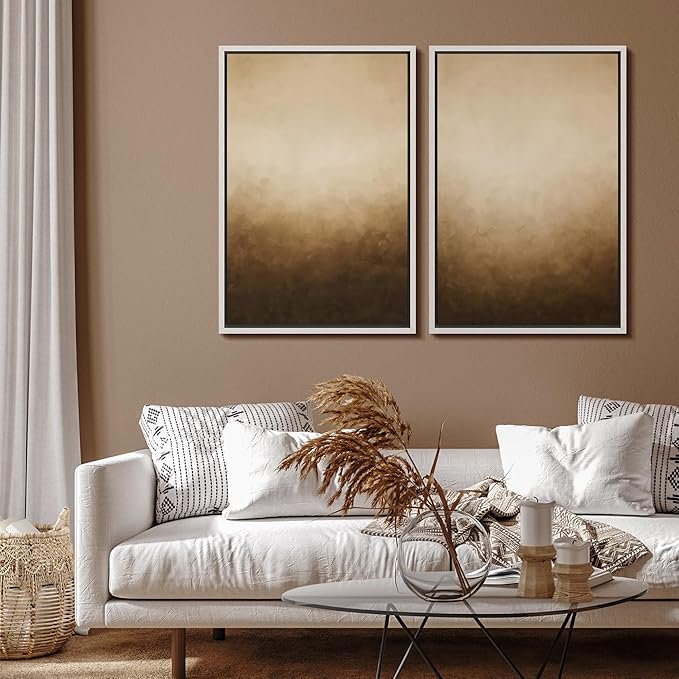 SIGNFORD Framed Canvas Print Wall Art Set Minimalist Gradient Brown Abstract Neutral Illustration Modern Art Decorative Nordic Nature for Living Room, Bedroom, Office - 16"x24"x2 White