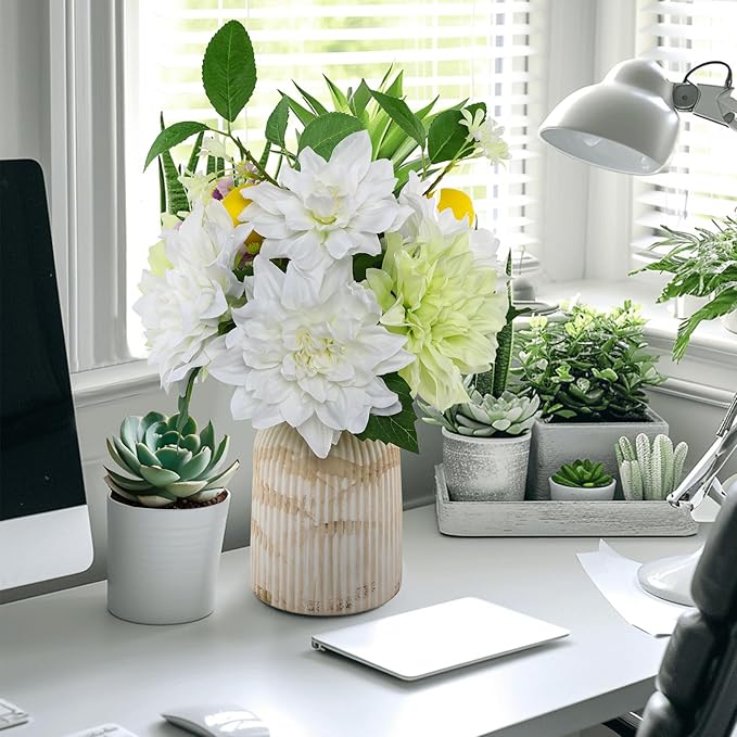 Fake Flower with Vase,White Silk Dahlia Artificial Flowers in Vintage Ceramics Vase for Home Bathroom Office Desk Party Centerpiece Coffee Table Decor