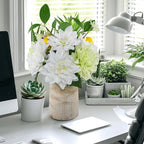 Fake Flower with Vase,White Silk Dahlia Artificial Flowers in Vintage Ceramics Vase for Home Bathroom Office Desk Party Centerpiece Coffee Table Decor