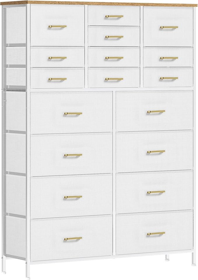 Modern Chest of Drawers for Bedroom，Tall White Fabric Dresser with 18 Deep Drawers, Large Vertical Storage Organizer Cabinet for Closet, Nursery, Office