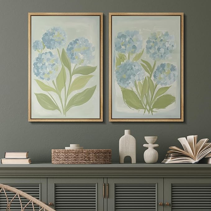 SIGNFORD Framed Canvas Print Wall Art Set Soft Hydrangea Pair Light Blue Florals with Green Leaves Illustration Modern Art Decorative Nature for Living Room, Bedroom, Office - 24"x36"x2 Natural