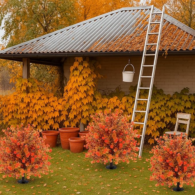 Artificial Topiary Ball Trees with Ground Spikes UV Resistant Faux Greenery Shrubs Fake Shrubs for Outdoors, Realistic Faux Plants Bushes for Garden Porch Yard Patio Decor (Orange Eucalypt)