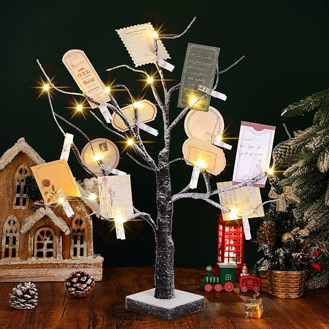 Coume Money Tree Gift Card Holder 1.5 ft Tabletop Display Tree with 72 LED Lights 15 Clear Clips Silver Display Birch Twig for Money Wedding Card Photo Birthday Fall Thanksgiving Halloween Christmas