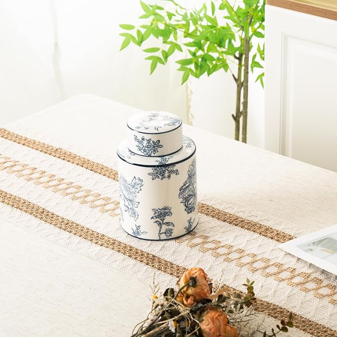 Ceramic Decorative Jars with Lid, Blue and White Ginger Jar for Home Decor, Cylindrical Vase Decor, 7.7x5.4 Inch, Flowers and Branches