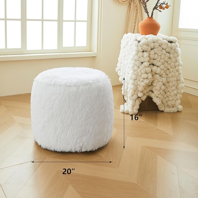 XeGe Fluffy Faux Fur Inflatable Pouf Ottoman, Comfy Shaggy Fuzzy Foot Stool Anti-Slip, Plush Foot Rest Floor Pouf Home Decorative, Foldable Round Ottoman Cushion for Living Room Bedroom, White