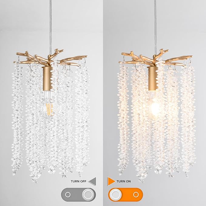 MO&OK Plug in Crystal Chandelier 3 Light with 15Ft Cord Modern Pendant Light for Bedroom Mini Antler Hanging Lamp for Kitchen Island Dinning Bedrooms and Hallway