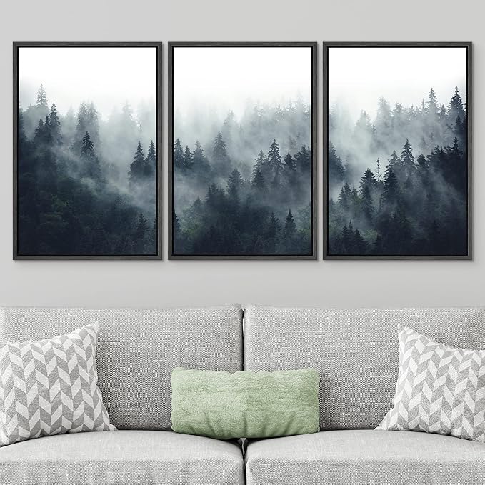 SIGNWIN Framed Canvas Print Wall Art Woodland Nursery Decor Set Misty Mountain Range Pine Tree Forest Nature Realism Decorative Rustic Chic for Living Room, Bedroom, Office - 16"x24"x3 Black