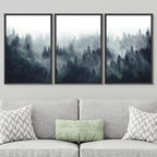 SIGNWIN Framed Canvas Print Wall Art Woodland Nursery Decor Set Misty Mountain Range Pine Tree Forest Nature Realism Decorative Rustic Chic for Living Room, Bedroom, Office - 16"x24"x3 Black