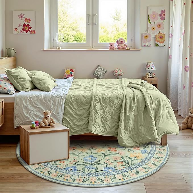 Wonnitar Washable Round Area Rug, 5ft Green Floral Round Rug Boho Soft Circle Carpet, Non Slip Low Pile Circle Accent Carpets for Kitchen Living Room Entryway Bedroom