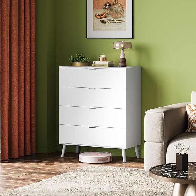 WLIVE 4 Drawer Dresser for Bedroom, White Tall Dresser, Modern Wood Dressers with Sturdy Metal Handle, Small Chest of Drawers for Living Room, Hallway