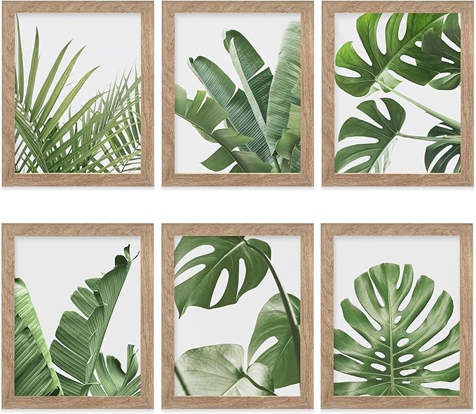 HoozGee Framed Botanical Wall Art Prints Set of 6 Tropical Leaves Plant Leaf Canvas Print Wall Decor Green Wall Art Posters Bedroom Living Room Decor (Tropical Leaf Art, 8"x10" FRAMED)