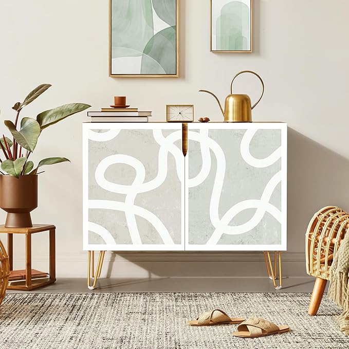 SIGNWIN Sideboard Buffet Cabinet, Kitchen Storage Cabinet with 2 Doors, Pastel Gray Geometric Line, Cupboard Console Table for Dining Room - 35" L x 18" W x 29" H