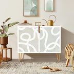 SIGNWIN Sideboard Buffet Cabinet, Kitchen Storage Cabinet with 2 Doors, Pastel Gray Geometric Line, Cupboard Console Table for Dining Room - 35" L x 18" W x 29" H