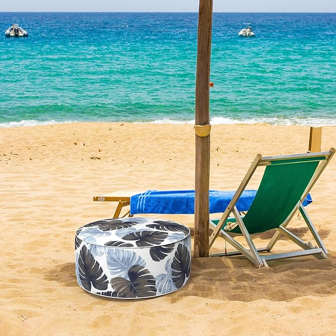 Inflatable Ottoman Stool D21 xH9 for Outdoor/Indoor Use, Water Repellent Patio Foot Rest Stool with Portable Handle,Round Pouf Ottoman Suitable for Garden,Deck and Camping - Monstera Blue