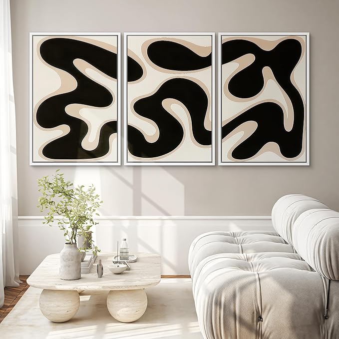 SIGNWIN Framed Canvas Print Wall Art Modern Abstract Organic Shapes Black and Beige Fluid Pattern Photography Modern Art Minimalist Black and White for Living Room, Bedroom, Office - 24"x36"x3 White
