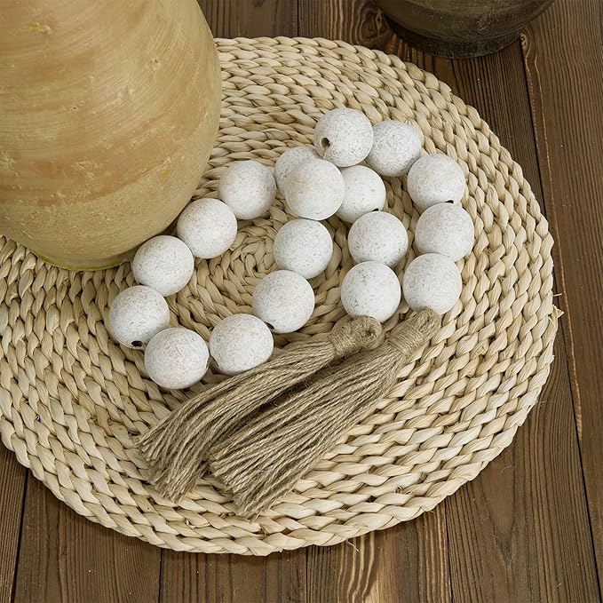 OMISHE Extra Large Wood Bead Garland Rustic White with 1.6" Diameter Wooden Beads and Tassels, 41" Long Rustic Farmhouse Country Decorative Beads for Home Tray Decor, Rustic White