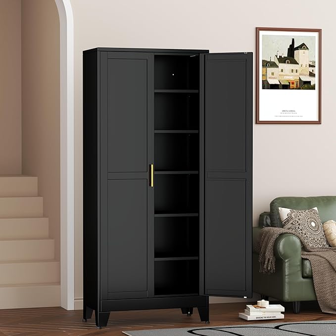 Metal Pantry Cabinet with 2 Doors and 5 Adjustable Shelves, 75" Kitchen Storage cabinets with Gold Handles, Versatile Storage for Laundry Room, Living Room, Bathroom, Dinning Room, Utility Room-Black