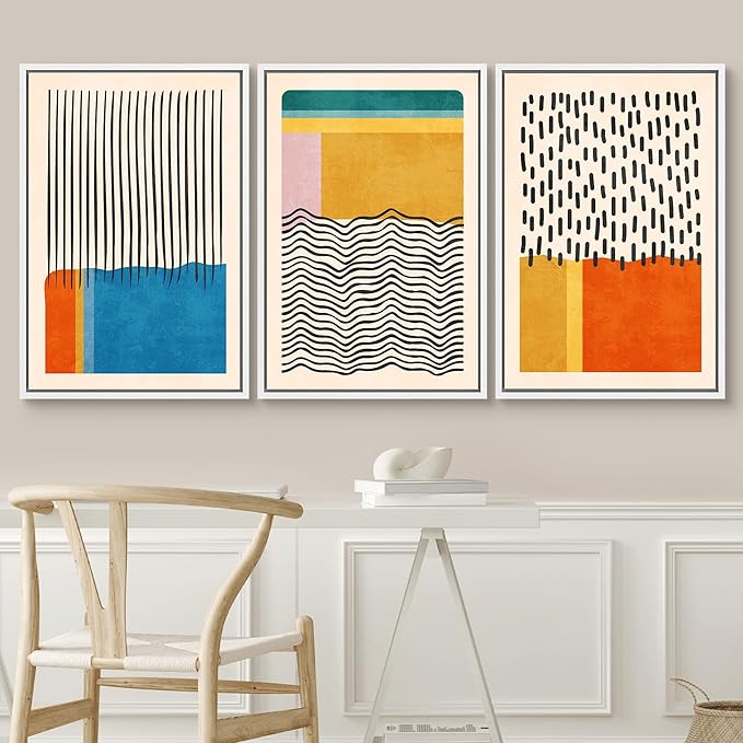 SIGNWIN Framed Canvas Print Wall Art Set Mid-Century Vibrant Color Block Collage Abstract Geometric Illustrations Graffiti & Street Art Modern Art for Living Room, Bedroom, Office - 24"x36"x3 White