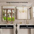 Gold Bathroom Mirror, 28x36 Inch Brushed Gold Metal Frame Mirror for Wall, Rounded Rectangle Bathroom Vanity Mirror, Tempered Glass, Anti-Rust, Horizontal/Vertical