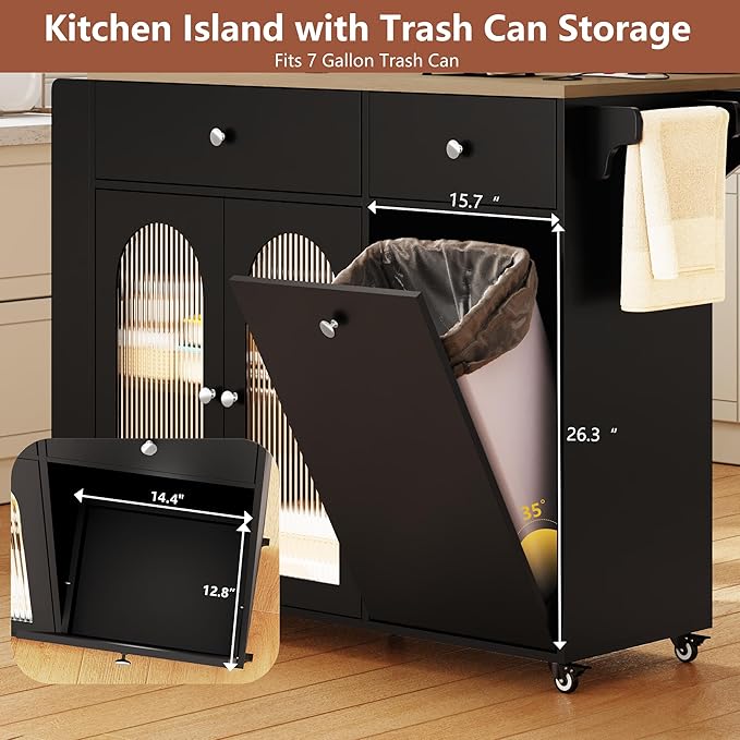 Kitchen Island with Drop Leaf & Power Outlet, Rolling Kitchen Island on Wheels with Trash Can Storage, Island Table Bar Cart with Spice Rack, Towel Rack, Drawers, Mobile Kitchen Carts on Wheels