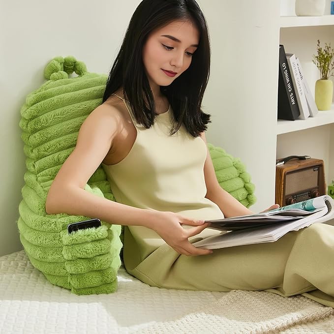 Faux Fur Fluffy Light Green Reading Pillow with Pockets, Luxury Striped Plush Decorative, Arm Rests and Back Surport for Bed Rest, Lounging on Sofa, Standard