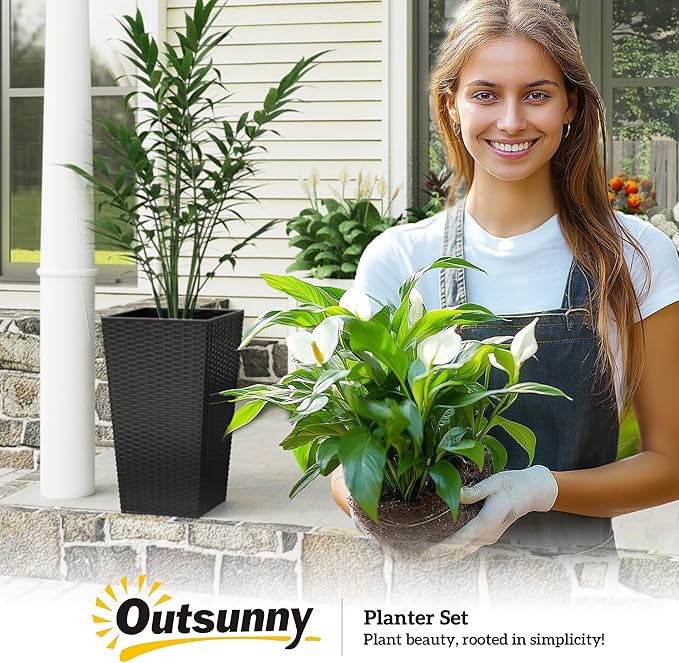 Outsunny Tall Planters for Outdoor Plants Set of 3, 24 in Taper Planters with Drainage Holes, Rattan Decor Plant Pots for Indoor Outdoor Front Porch Patio Backyard, Black