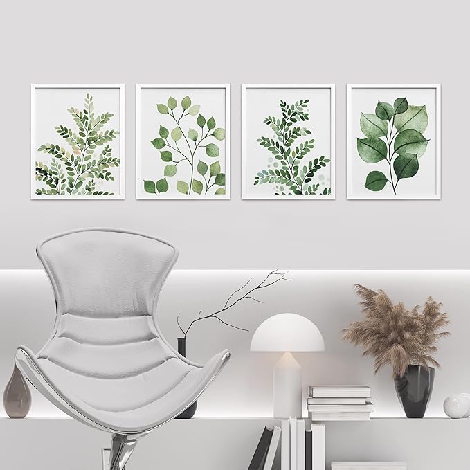 SIGNWIN Framed Green Pastel Forest Fern Leaf Wall Art, Set of 4 Collage Nature Garden Wall Decor Prints, Nature Wilderness Wall Décor for Living Room, Bedroom - 8"x10" White