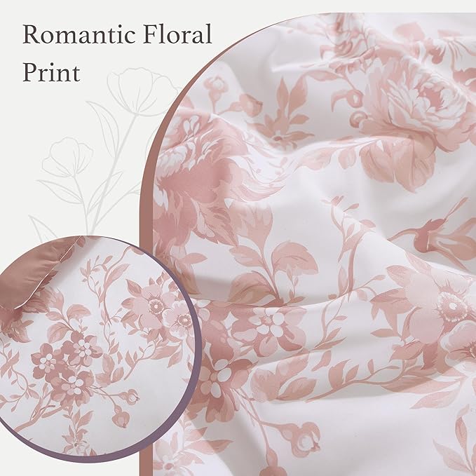 King Comforter Set -7 Pieces Pink Floral Comforter Set for All Seasons, Bed in a Bag King with Botanical Flowers Comforter, Sheets, Pillowcases & Shams