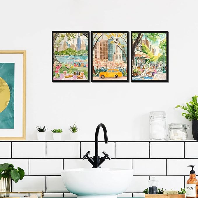 MUWAK Framed New York City Canvas Wall Art Set of 3 – Colorful NYC Skyline Central Park Yellow Taxi Posters, Modern Urban Landscape Wall Decor for Living Room Bedroom Office – 12x16in