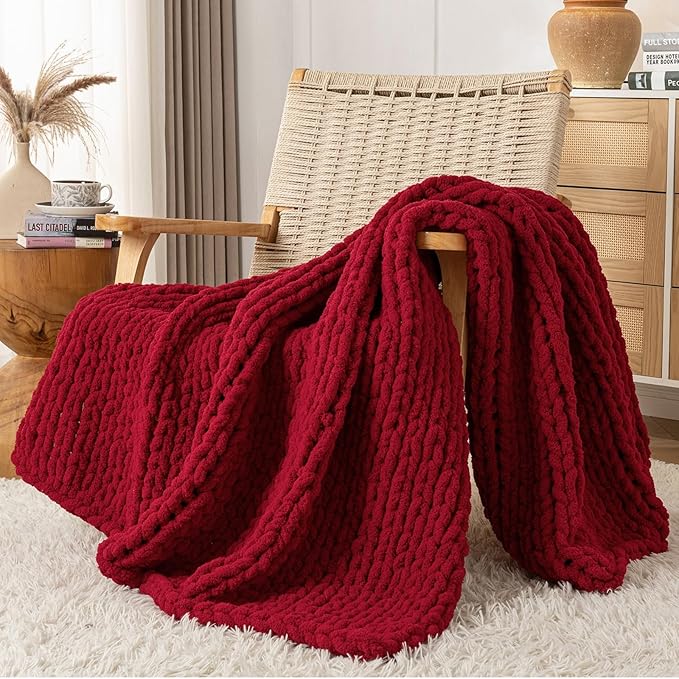 Chunky Knit Blanket Throw, 100% Hand Knit Throw Blanket Handmade Chenille Cable Knit Throw for Couch, Stylish Cozy Soft Rope Knot Crochet Blanket for Home Decor, Red, 50x60 Inches