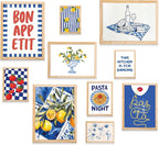 Kitchen Wall Decor Framed Wall Art Prints Set of 10 Natural Oak, Framed Food Prints, Pasta & Lemon Wall Art for Dining Room or Kitchen Decoration, Blue & Yellow Artwork with Mediterranean Decor