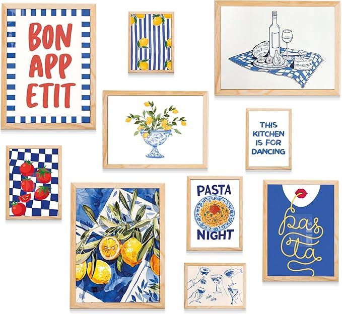 Kitchen Wall Decor Framed Wall Art Prints Set of 10 Natural Oak, Framed Food Prints, Pasta & Lemon Wall Art for Dining Room or Kitchen Decoration, Blue & Yellow Artwork with Mediterranean Decor