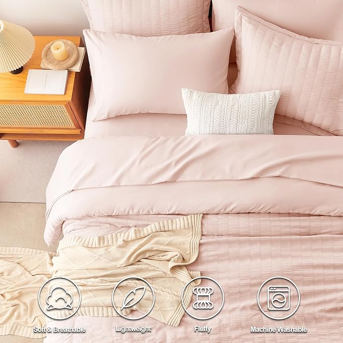 CozyLux Twin XL Comforter Set with Sheets Seersucker Blush Pink 5 Pieces Bed in a Bag, Twin Extra Long Luxury Bedding Sets for College Dorm with Down Alternative Comforter, Sheets, Pillowcases & Shams