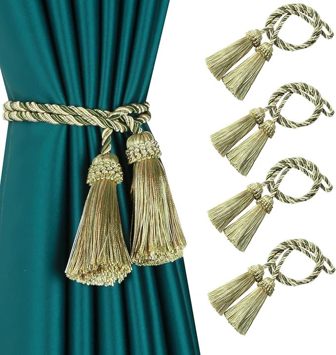 Fenghuangwu Curtain Tiebacks Handmade Decorative Curtain Holdbacks Rope with Tassel (Mix Green, 4P)