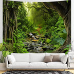 AMM Green Rainforest Tapestry Nature Forest Tapestry for Bedroom Aesthetic Misty Tropical Jungle Trees Flowing Stream Landscape Tapestries Wall Hanging for Living Room Dorm 80 x 60 Inch