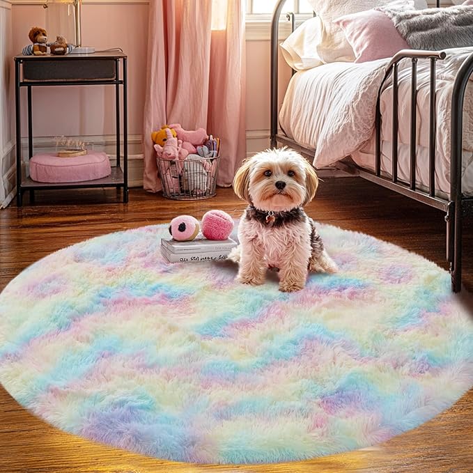 Round 4x4ft Fluffy Rainbow Rug: Ultra Soft Furry Girls Bedroom Carpet- Colorful Oval Plush Shag Nursery Rug for Girls Room & Kids Room, Cute Home Decor