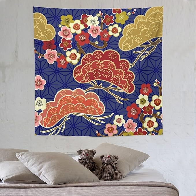 HZOHNAGO Japanese Tapestry Art Abstract Colorful Cherry Blossom Blue Background Pattern Printed Wall Tapestry Painting Wall Hanging for Bedroom Living Room Dorm 60" W x 60" H