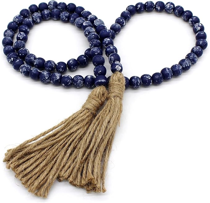 CVHOMEDECO. Wood Beads Garland with Tassels Farmhouse Rustic Wooden Prayer Bead String Wall Hanging Accent for Home Festival Decor. Navy Blue Stained