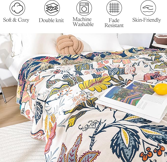 Snycler Boho Throw Blanket for Bed, 100% Organic Cotton Muslin Soft Throw-Floral Farmhouse Rustic Spring Summer Fall Decor Blanket for Couch Sofa Quilt and Gift, 60" x 80" White