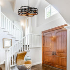 6-Light Modern Farmhouse Chandeliers for Dining Room, Rustic Multiple Rings Pendant Lighting, Industrial Metal Round Chandelier for Kitchen Entryway, Black with Gold Interior