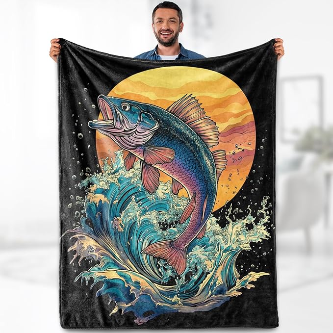 Aimego Fishing Blanket Gifts for Fisherman - Fish Lovers Throw for Dad Men Boys Teens Women Adults Travel Camping Soft Fleece Cozy Bed Couch Decor Birthday Christmas Lightweight Blanket 50"x60"
